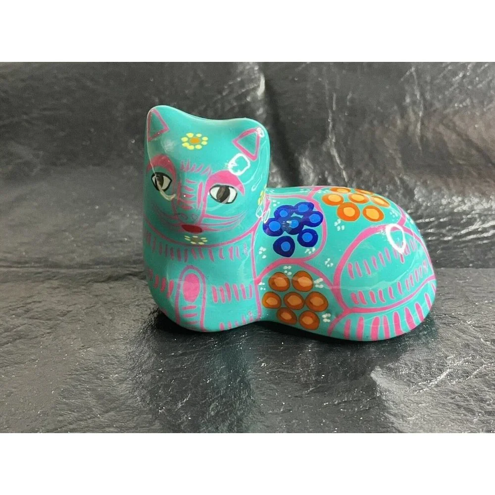 Vintage Mexican Talavera Pottery Handprinted Cat 4" Folk Art Glazed Colorful - Picture 1 of 7